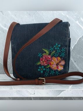 Patricia Nash Embroidered Denim Crossbody Bag with Brown Leather Strap
